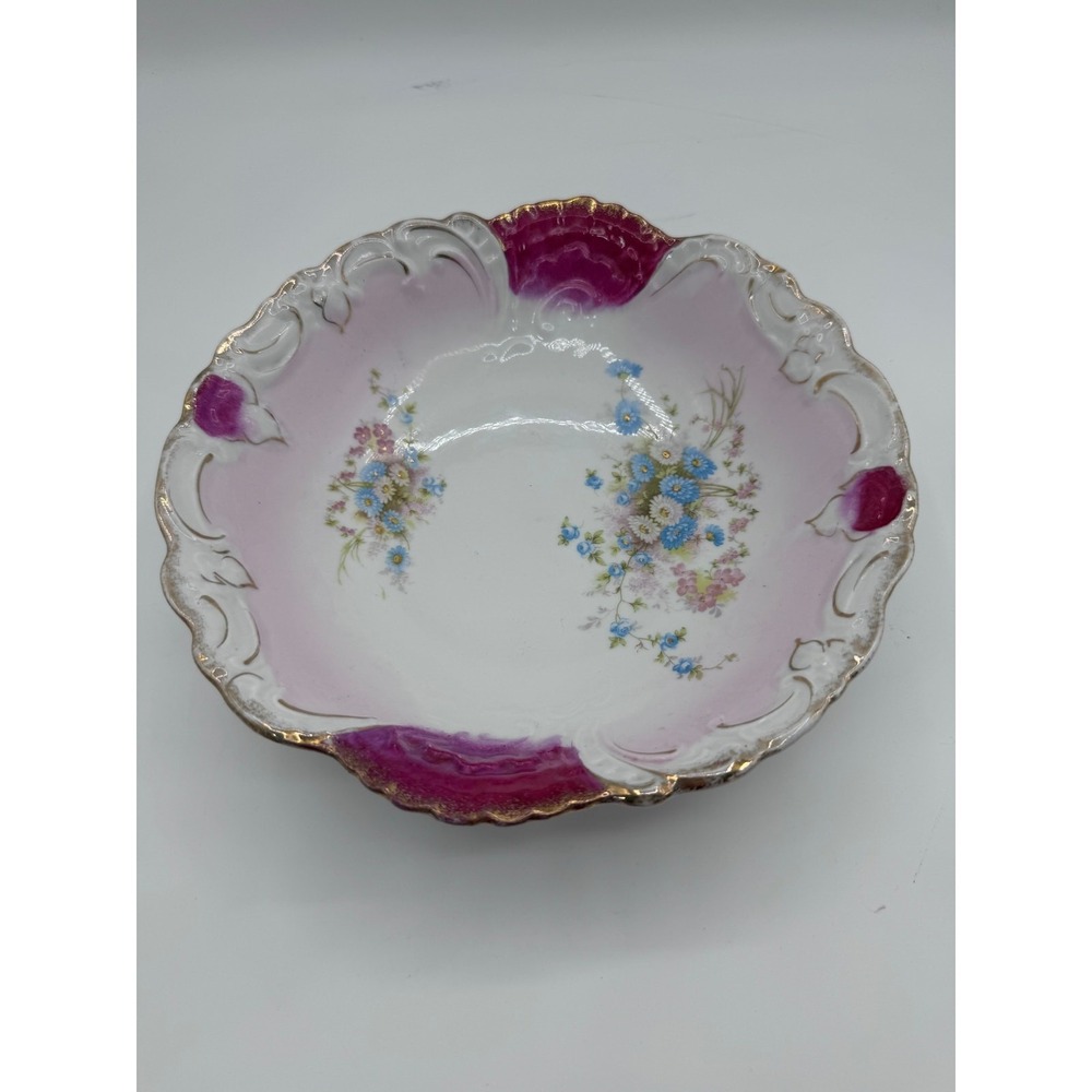 Antique Floral Porcelain Bowl Pink & Purple Lusterware Scalloped Edge Gold Trim
